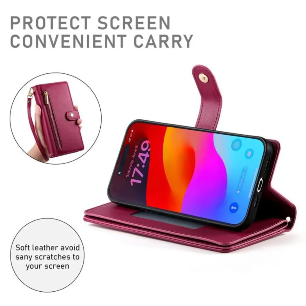 For iPhone 17 Pro Max Nine Card-slot Zipper Wallet Bag Leather Phone Case(Red)